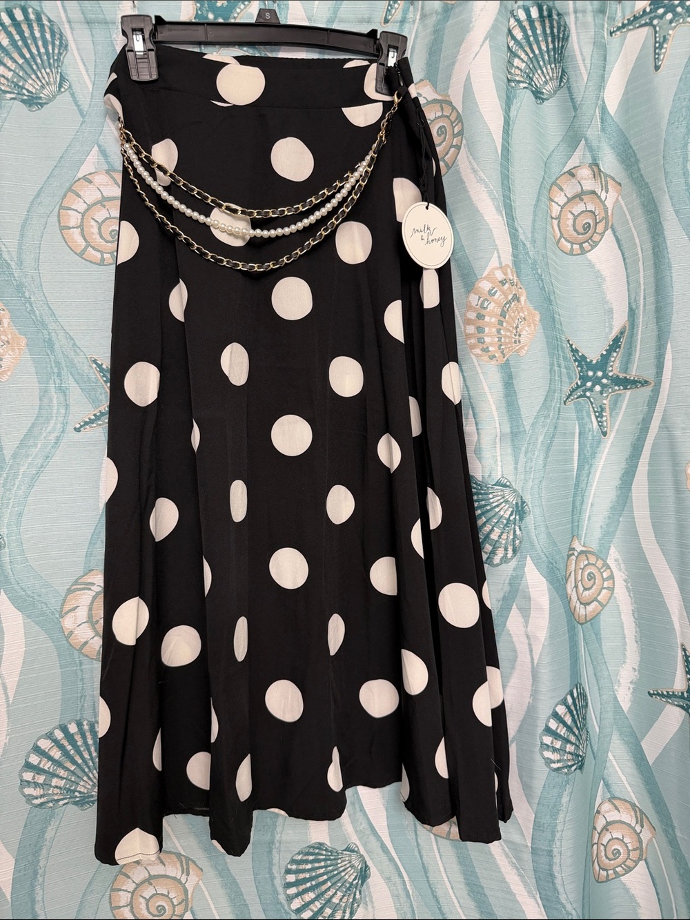 Polka Dot Maxi Dress with Chain Accent – Black/White